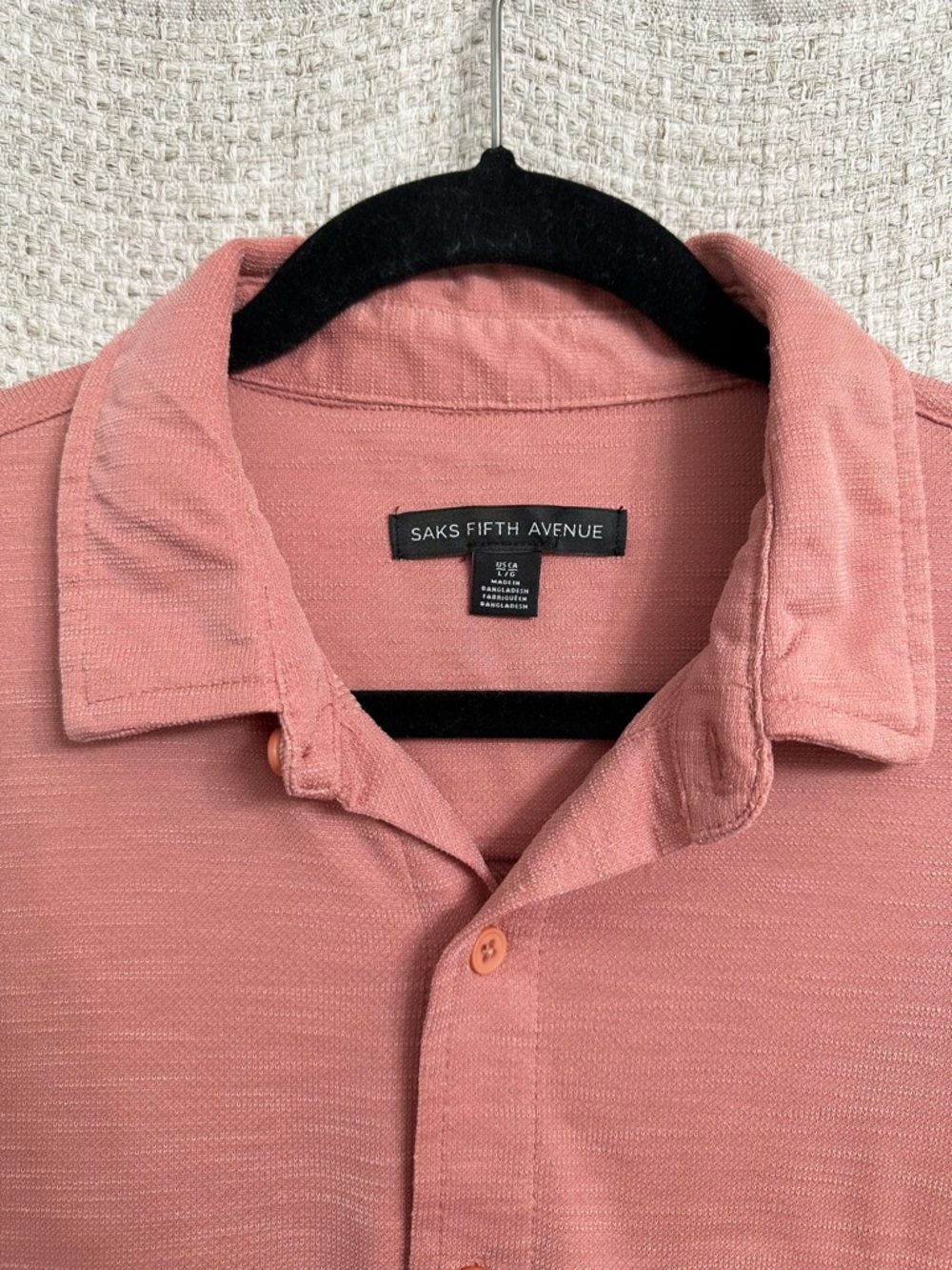 Saks Fifth Avenue Men's Knit Short Sleeve Button Up Shirt Salmon Coral Large - Picture 2 of 5